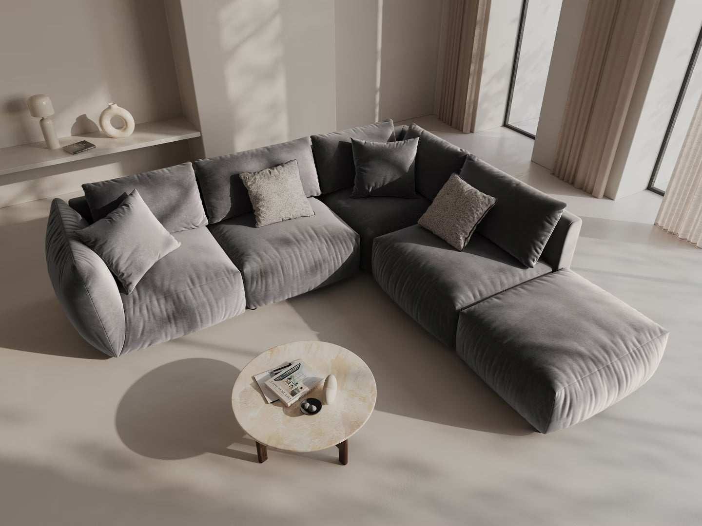 Gray right-facing velvet modular corner sofa for 4 people CHRIS