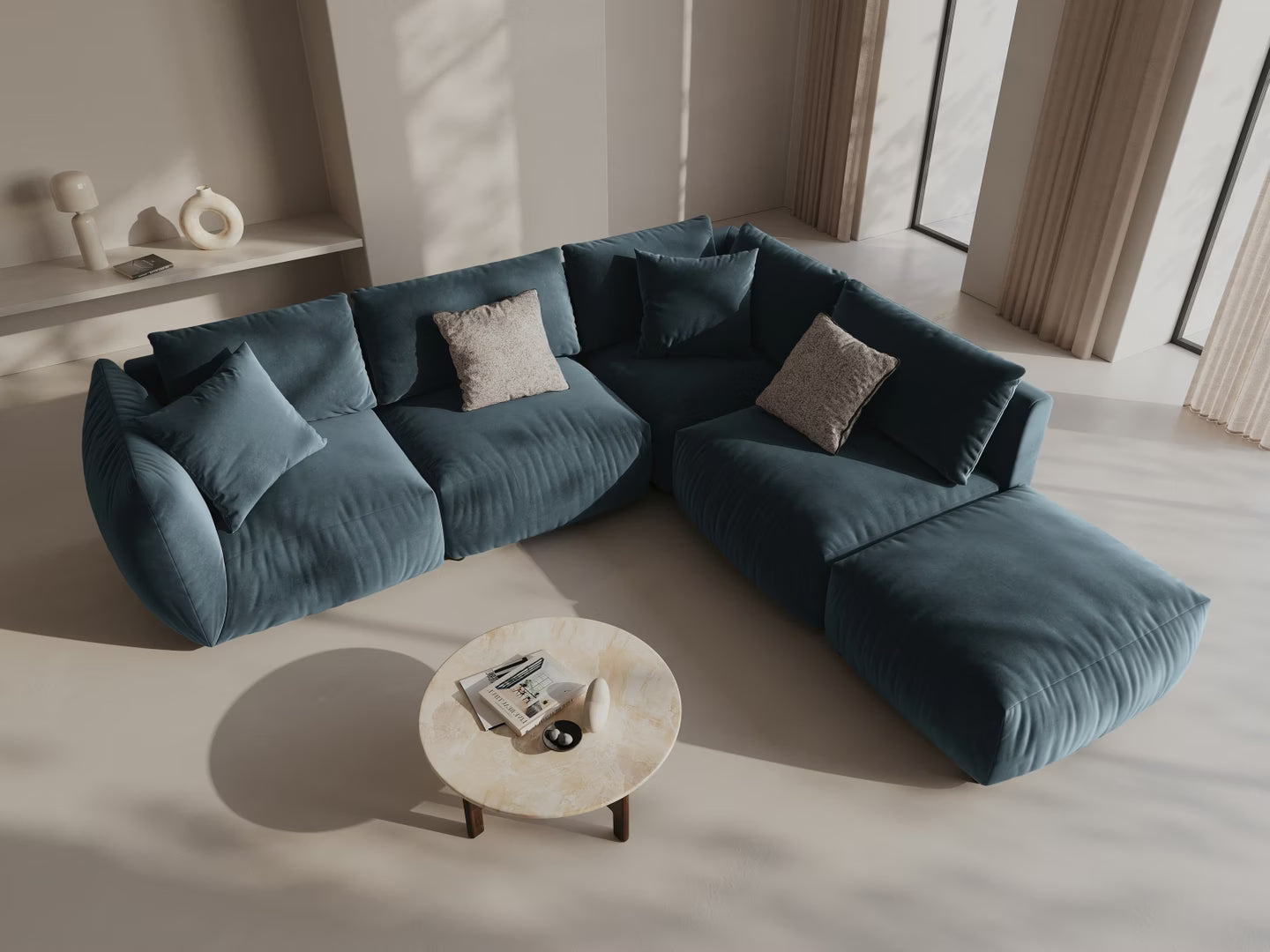 Velvet modular corner sofa for 4 people, left-sided, CHRIS in light blue