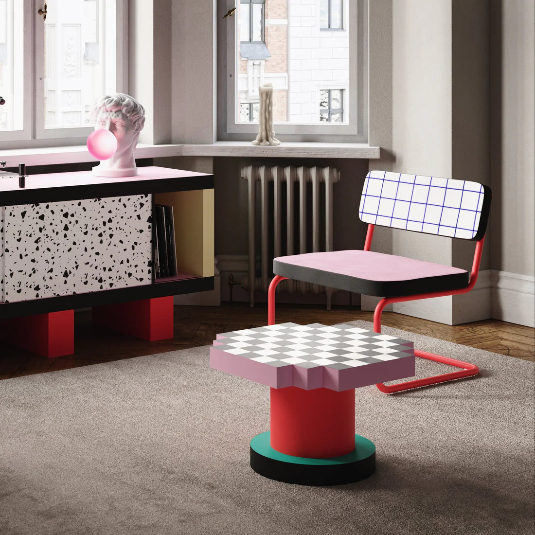 SUPERLOUNGE CHAIR BLUE GRID pink with red base