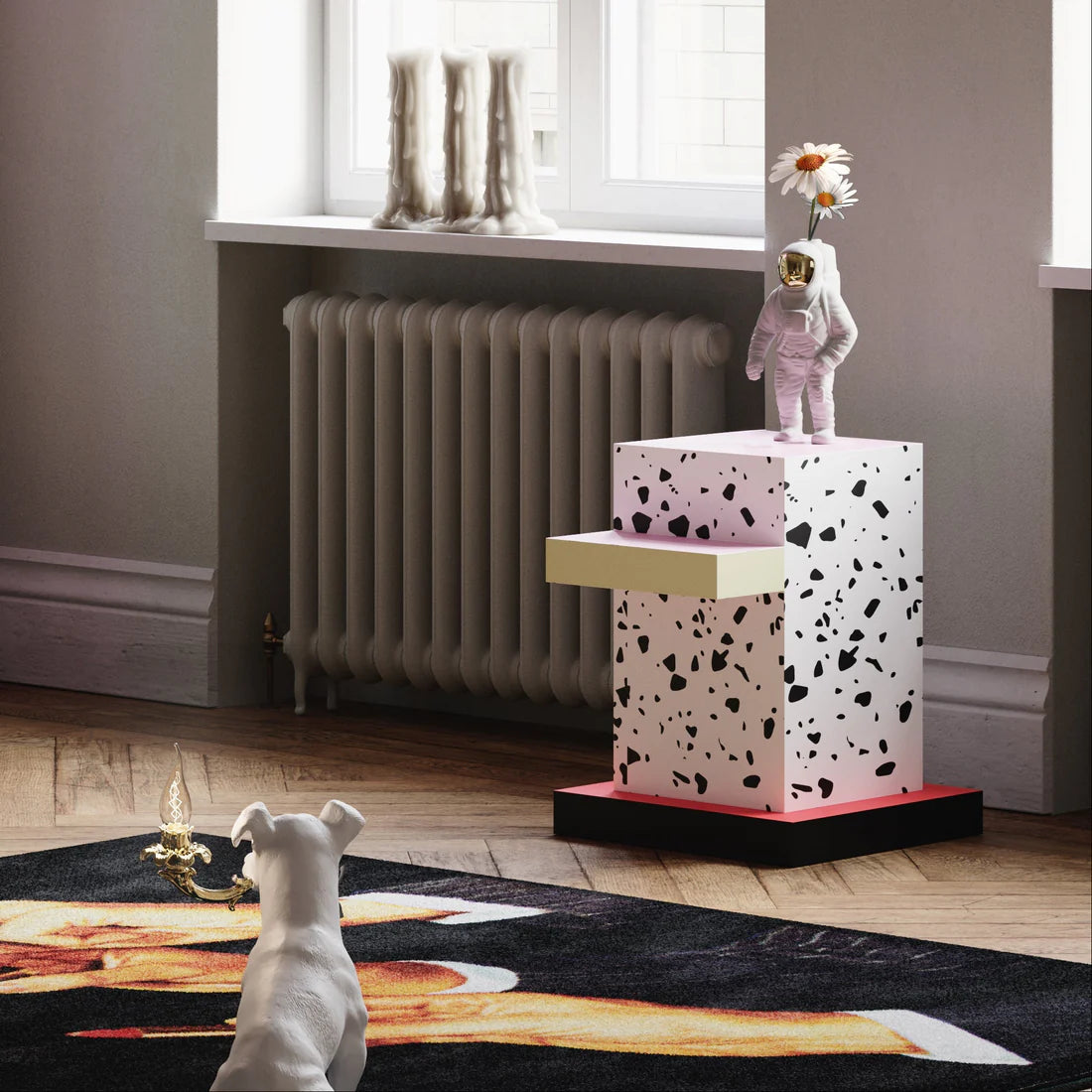 SUPERSIDE RED GRID White Side Table with Pink and Green