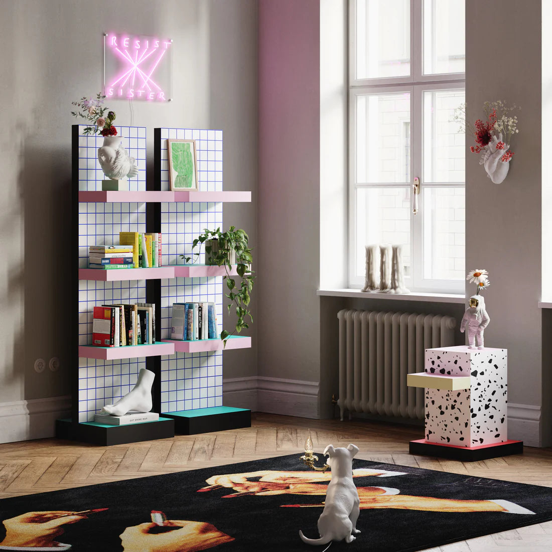 Regál SUPERSHELF TERRAZZO bílý se žlutou a růžovou