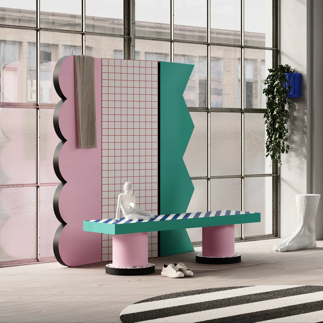 SUPERSCREEN RED GRID Pink Room Divider with Mirror in Turquoise