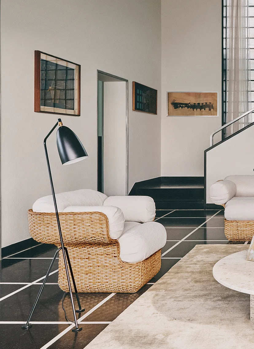 BASKET armchair in white with rattan