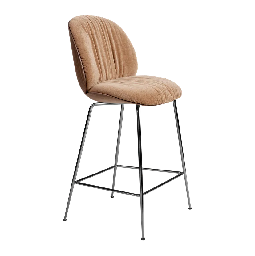 BEETLE SOFT upholstered bar stool with walnut wood and black chrome base