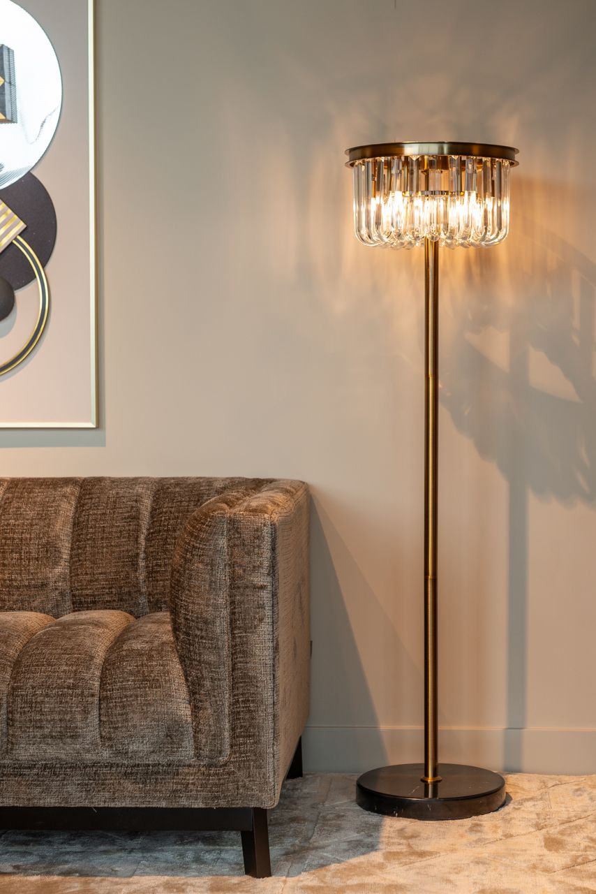 Stojací lampa DAGMAR sklo se zlatým podstavcem