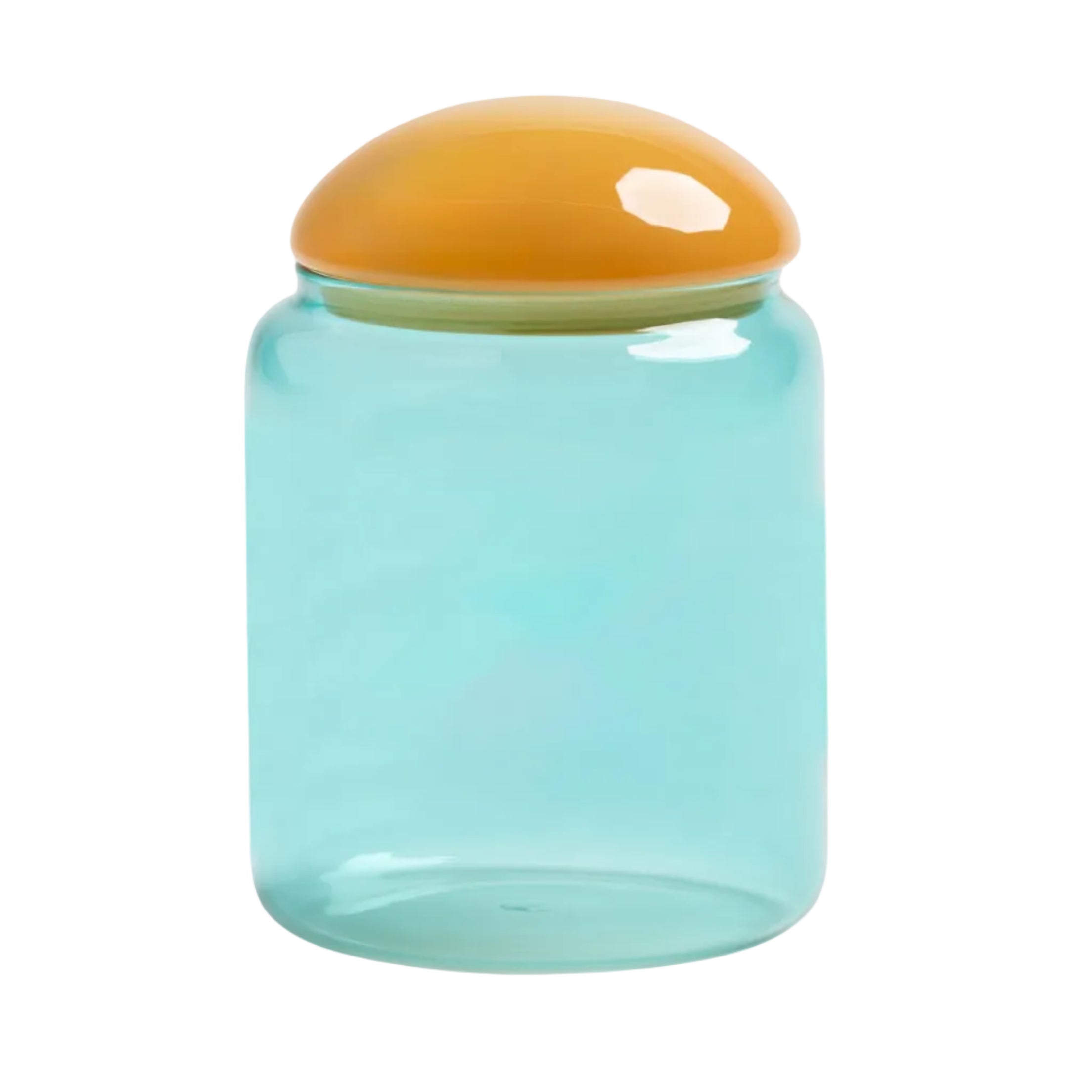 Turquoise glass container PUFFY with an orange lid