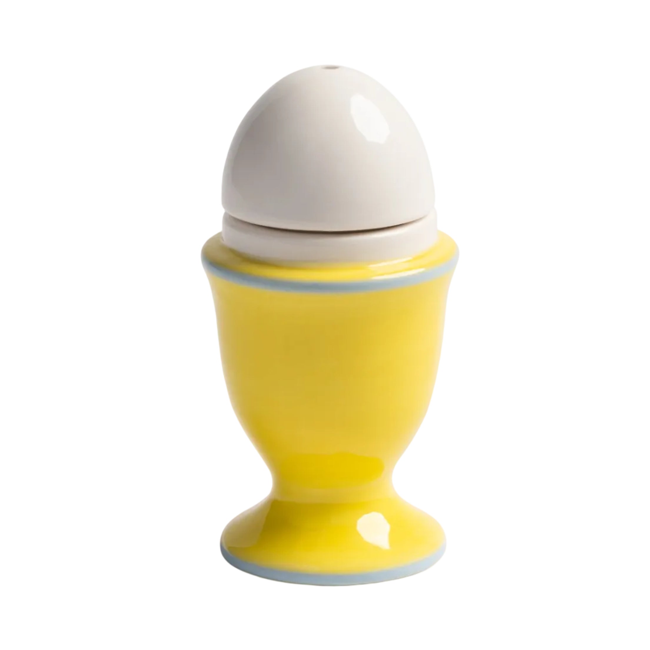 Egg-shaped salt and pepper shakers in yellow with blue and white