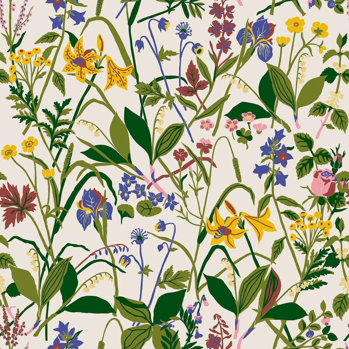 Cream wallpaper with a floral plant motif ROS OCH LILJA in green