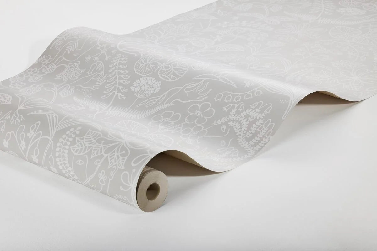 GRAZIA Gray Floral and Leaf Pattern Wallpaper with White