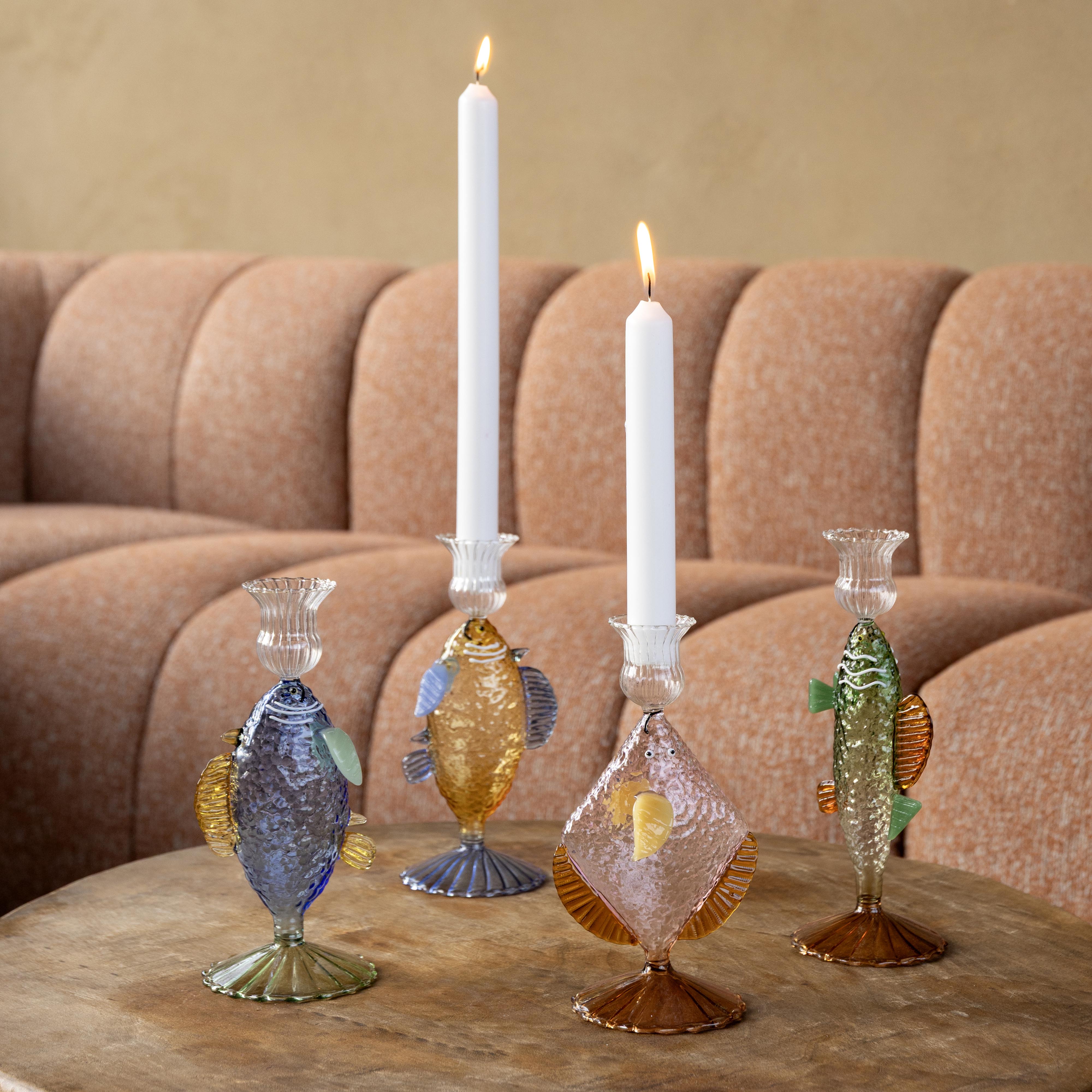 Skleněný svícen RYBA zelený s jantarovým