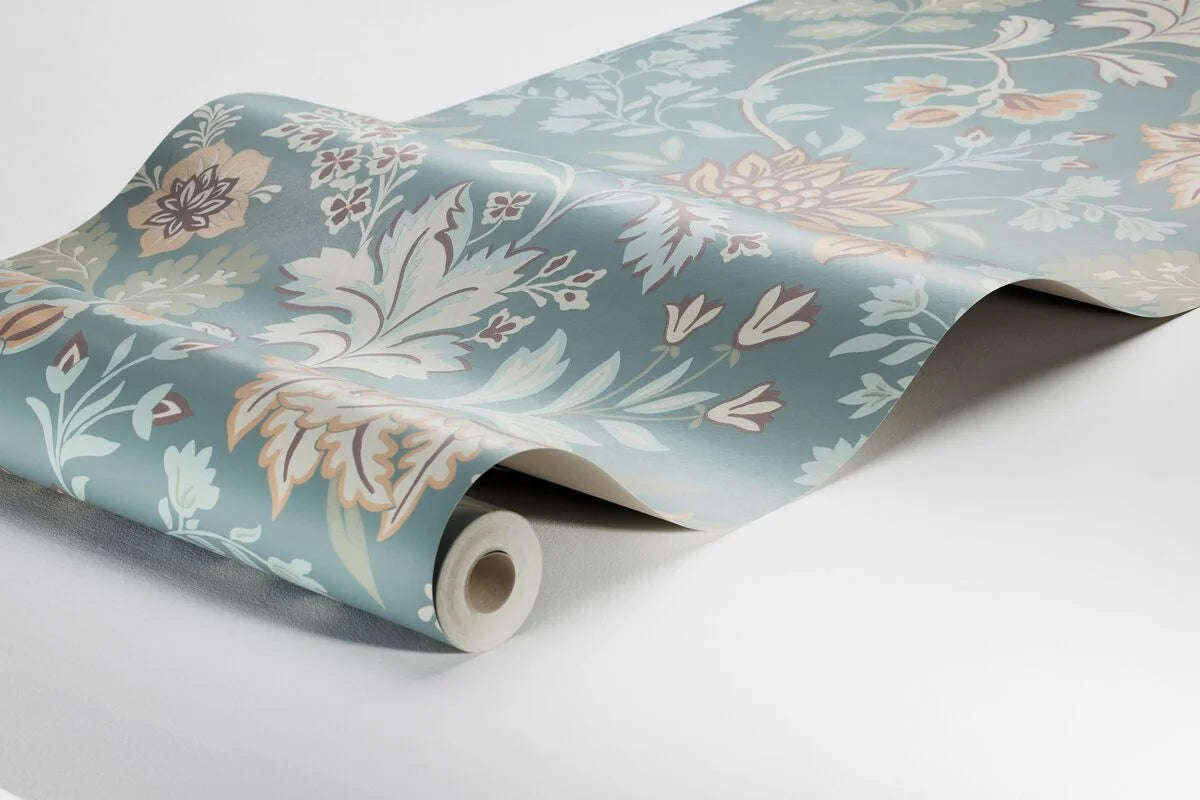 Papírová flizelinová tapeta s rostlinným vzorem ALICIA modrá se zelenou