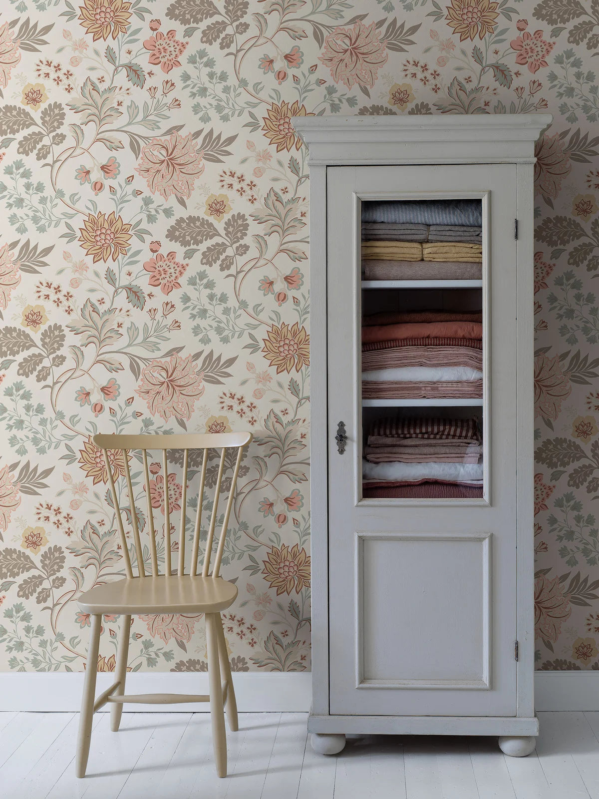Non-woven paper wallpaper with a floral pattern ALICIA beige with green and pink