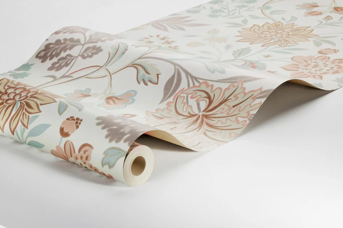 Non-woven paper wallpaper with a floral pattern ALICIA beige with green and pink