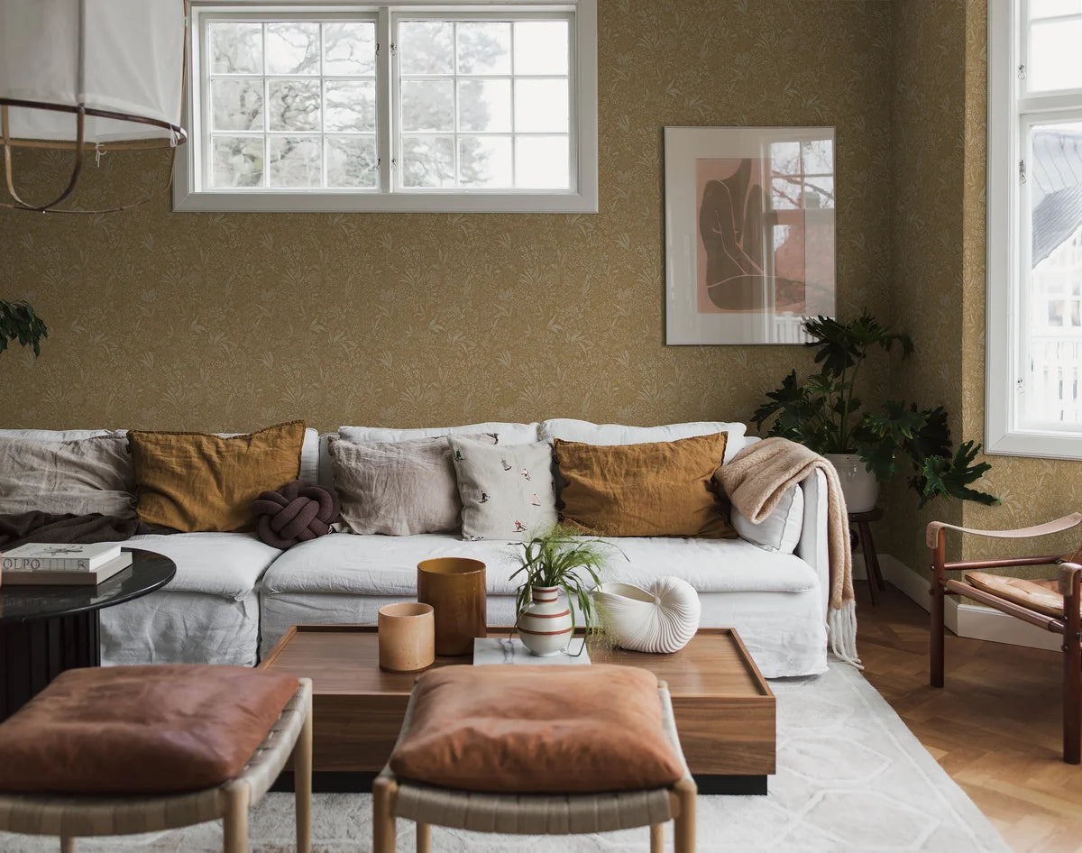 Non-woven paper wallpaper with a plant pattern NOCTURNE gold with beige