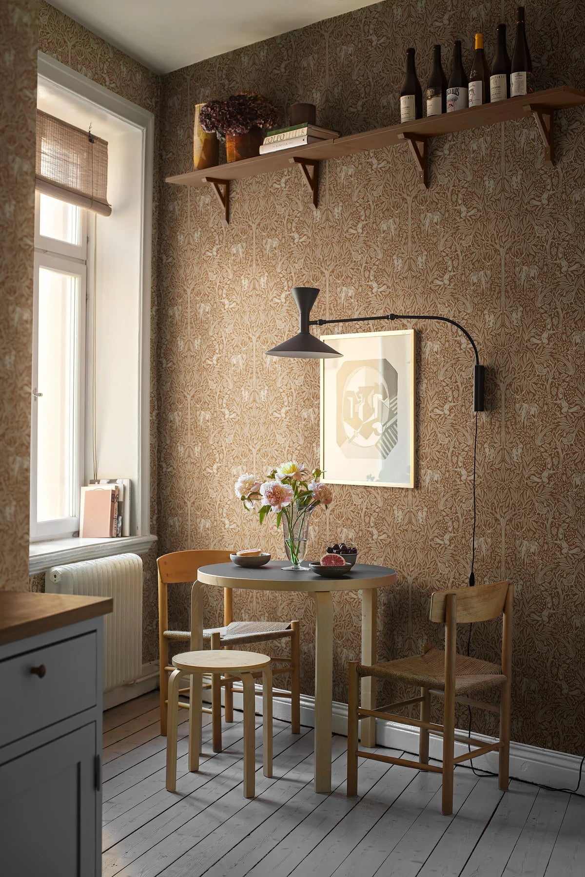 Wallpaper with a plant pattern and forest theme UNDER THE ELDER TREE brown with white