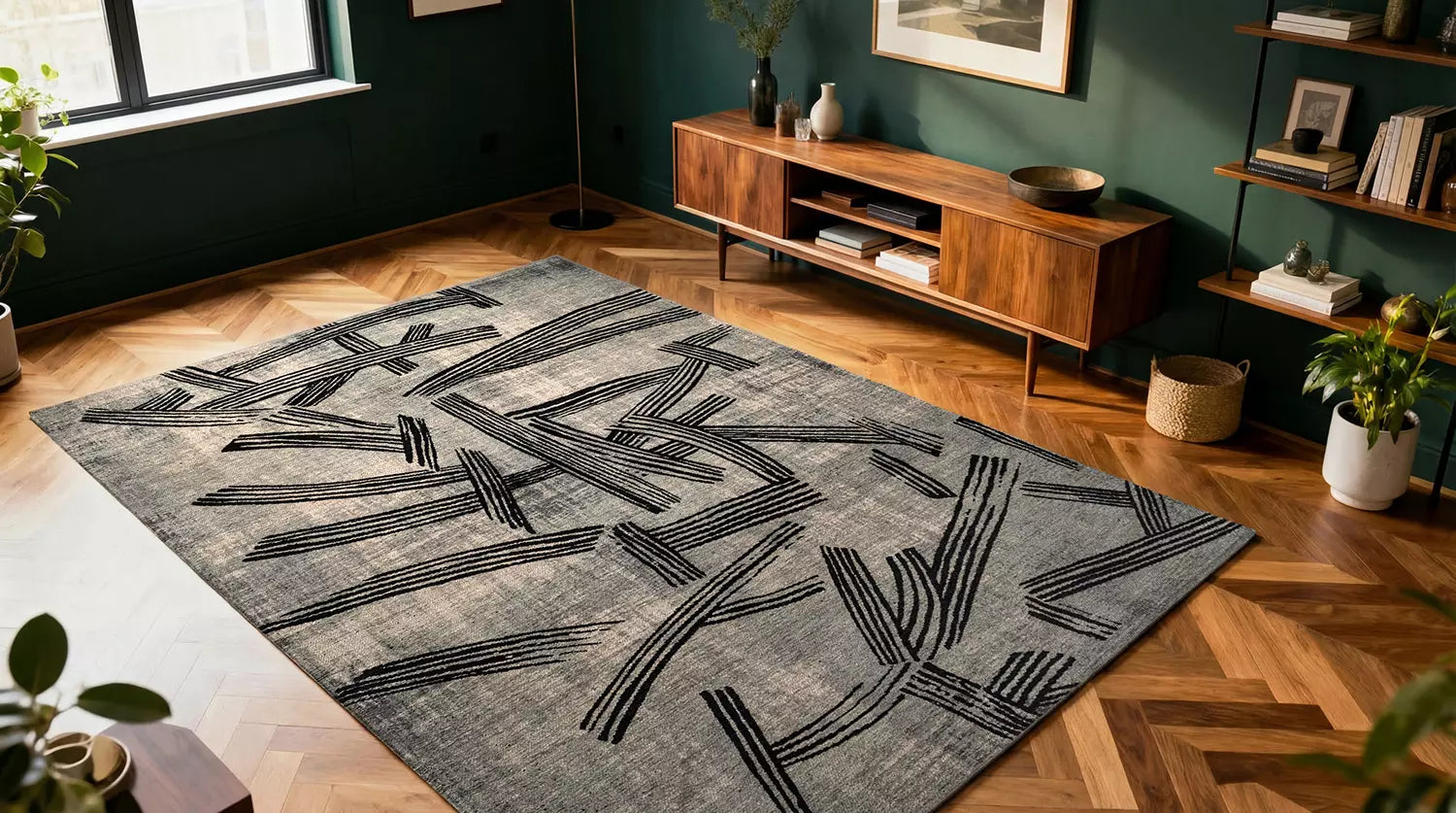 Šedý koberec KANJI s černou a béžovou