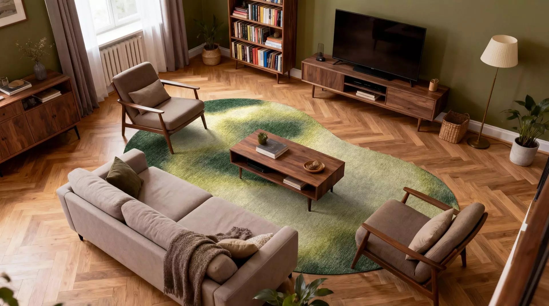 Oválný koberec AQUARELLE LEAF zelený se žlutou