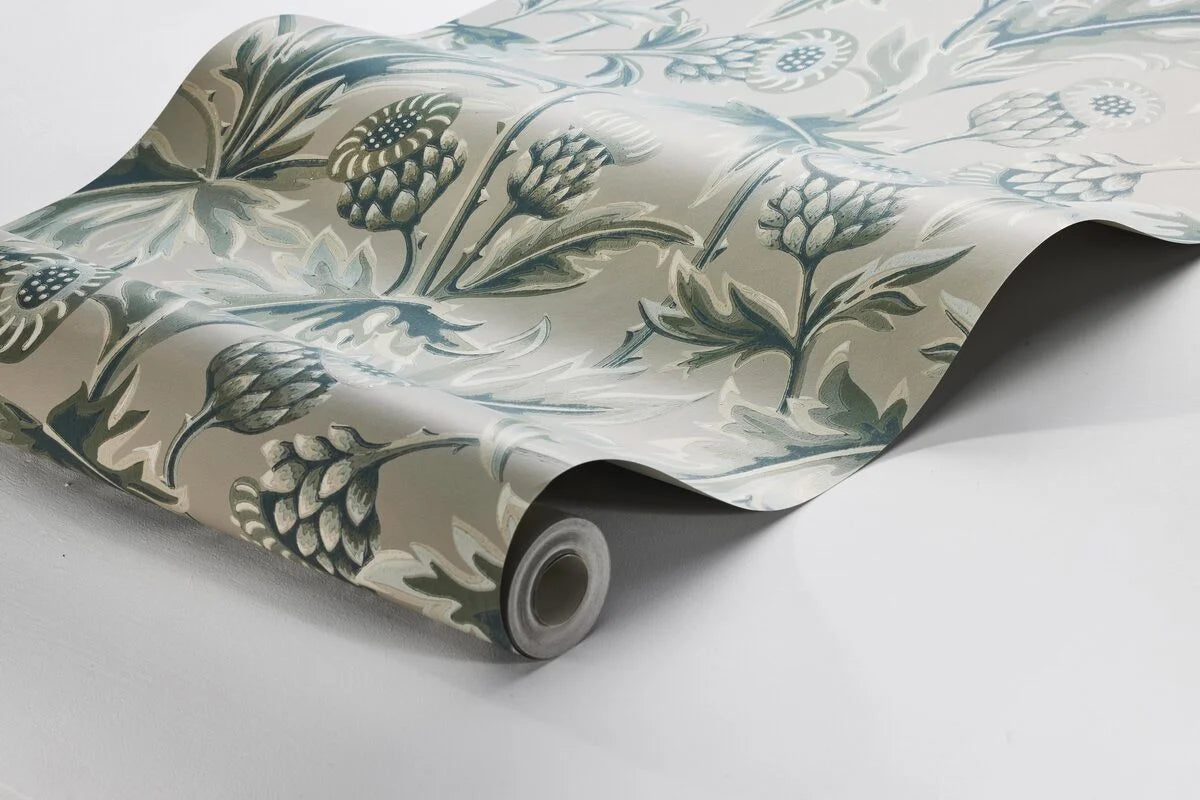 Tapeta s rostlinným motivem TREASURED THISTLE béžová se zelenou