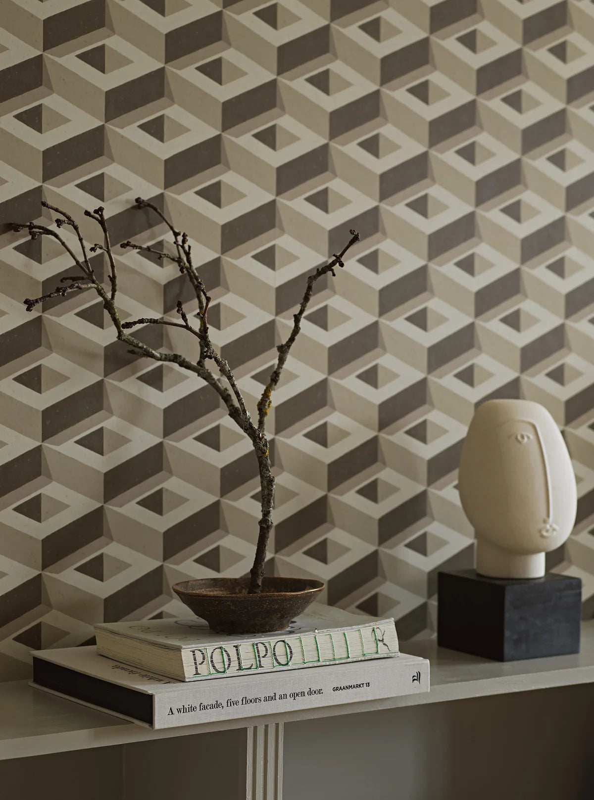 Mural s geometrickým motivem 3D BOXES béžový s hnědým