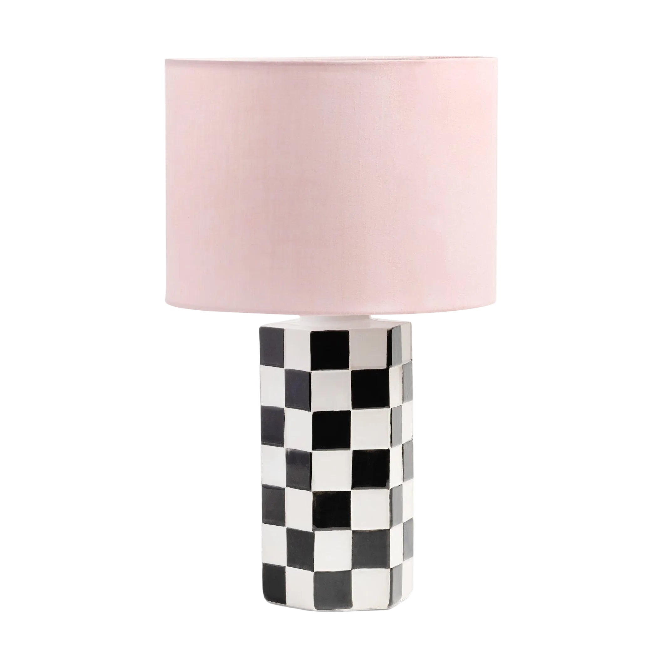 CHECK black-and-white table lamp with a pink shade