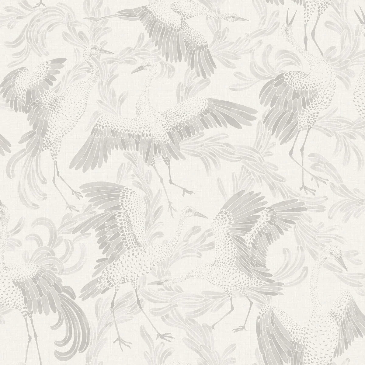 DANCING CRANE White and Gray Bird Pattern Wallpaper
