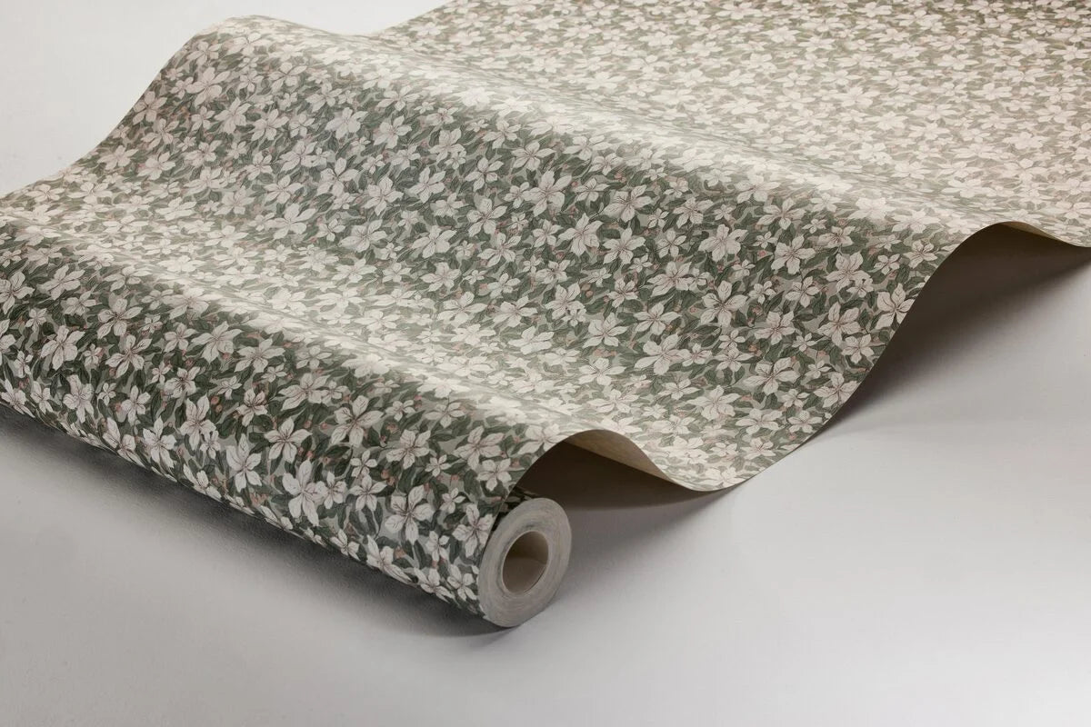 Tapeta s rostlinným motivem květin SKOGSBLOMST zelená s bílou