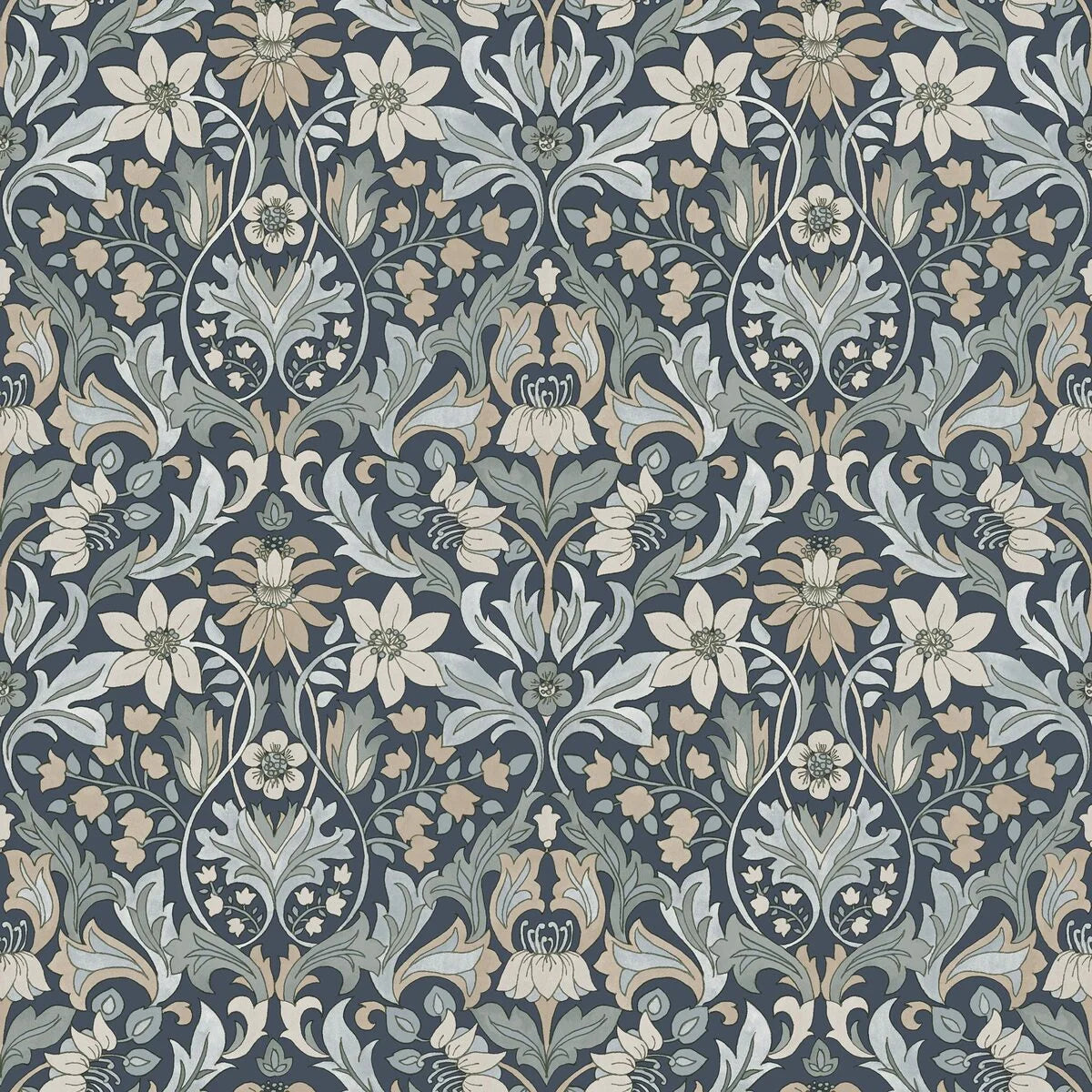 Tapeta s rostlinným motivem BLOMSTERFRÖJD tmavě modrá se zelenou