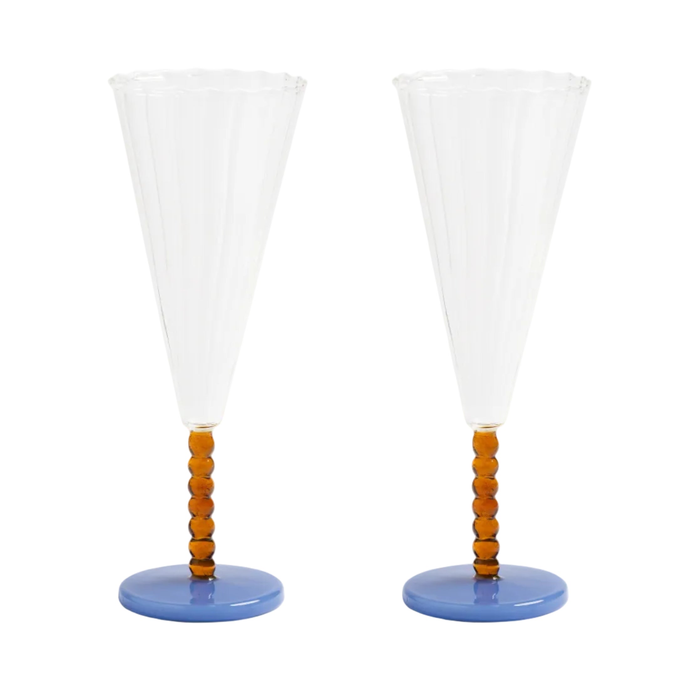 Set of Amber Glass Champagne Glasses PERLE with Blue