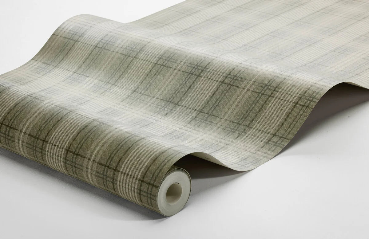 Tailor's Tweed Wallpaper with Geometric Scottish Check Pattern in Muted Green and Beige