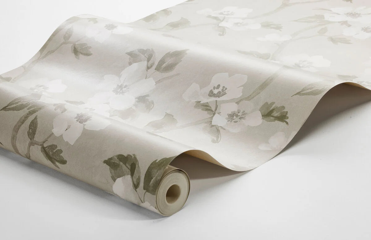 HELEN'S FLOWER Gray-Beige Floral Pattern Wallpaper with White