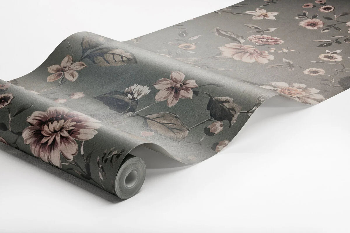 Structural mural with a floral pattern of MARION’S flowers in gray with pink