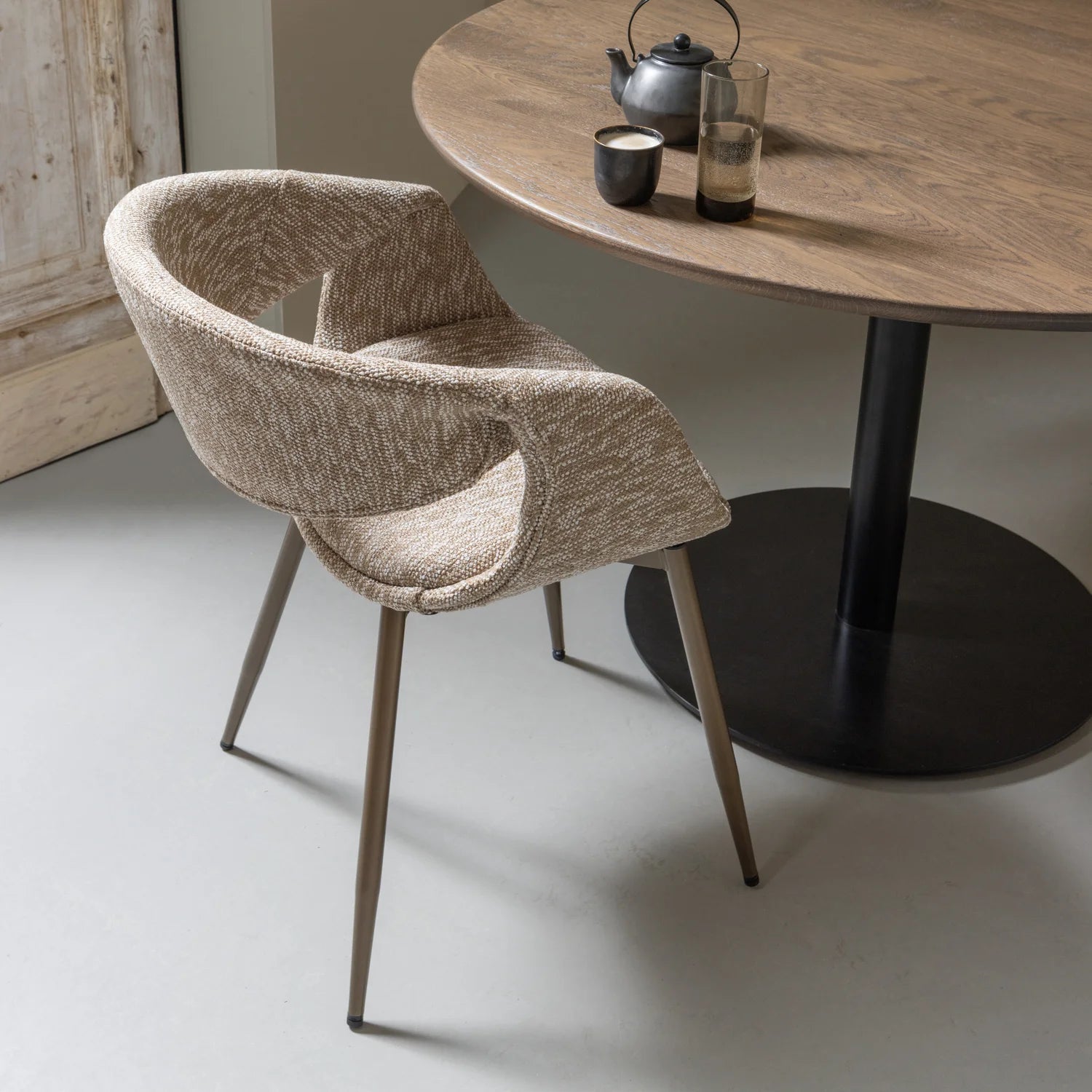 YOSSI Armchair in Beige with Brown Metal Base