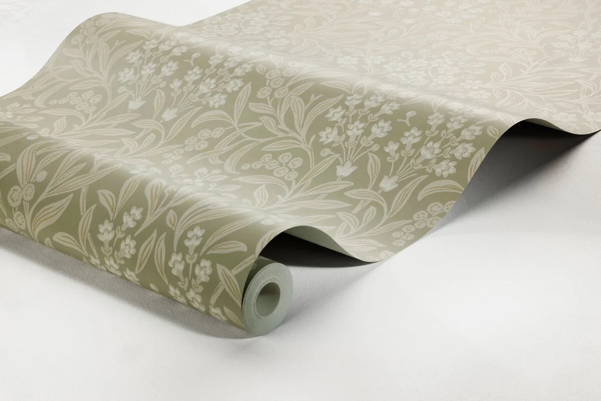 Non-woven paper wallpaper with a plant pattern KRYDDHYLLAN light green