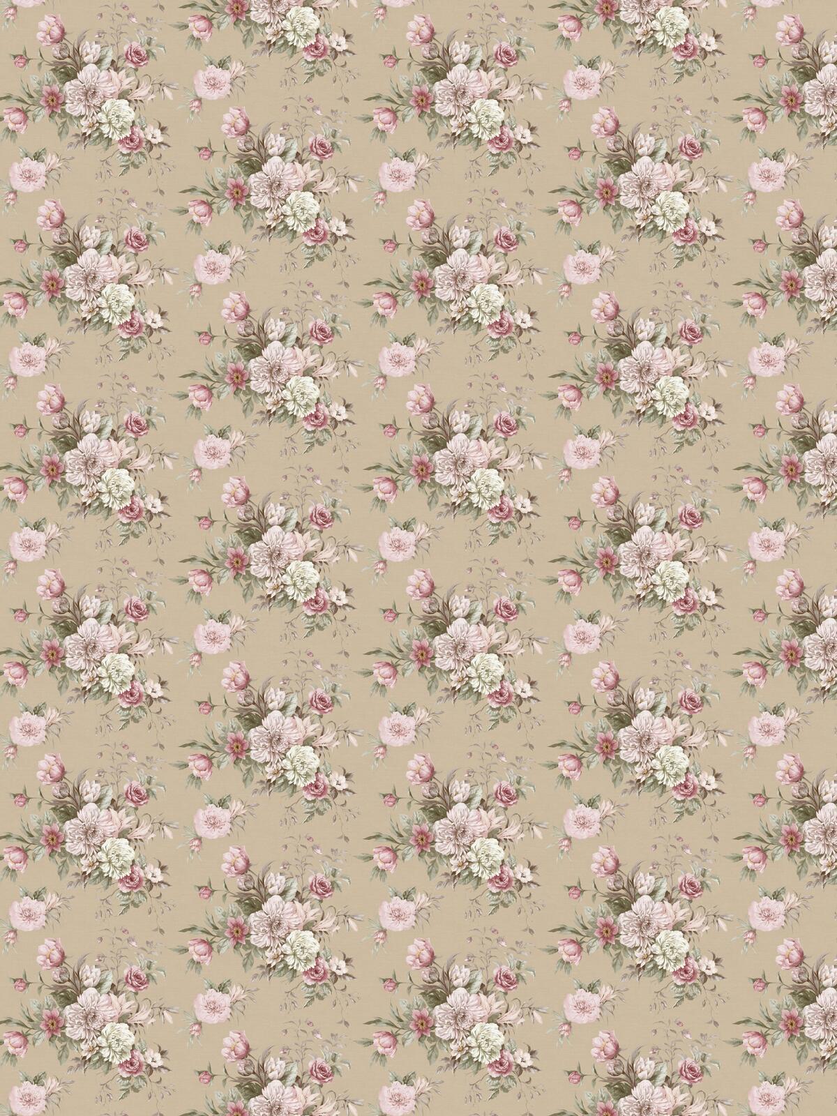Papírová flizelinová tapeta s rostlinným vzorem FLORAL CHARM tmavě béžová s růžovou a bílou