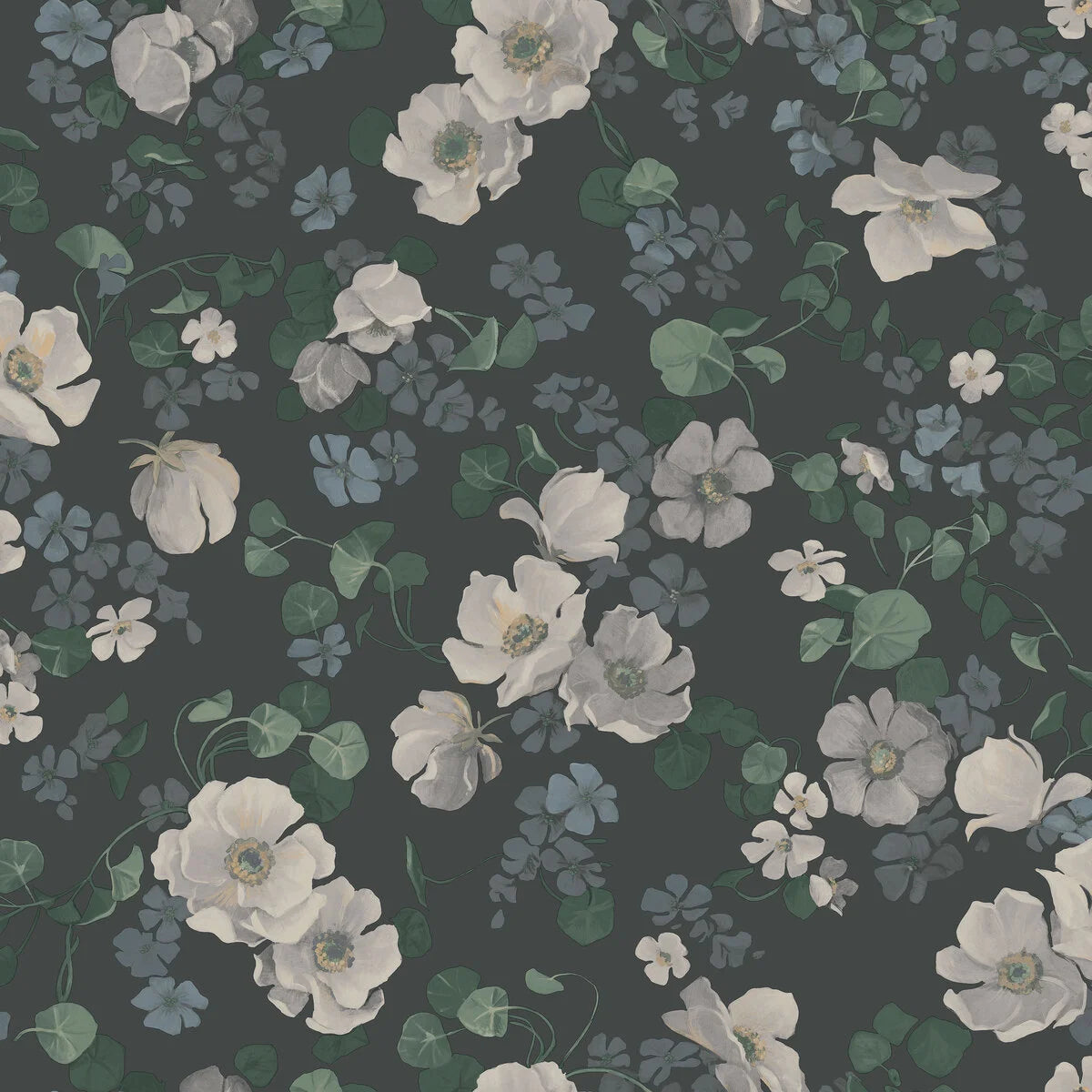 Tapeta flizelinowa papierowa z roślinnym wzorem ENCHANTING FLOWER ciemnoszary z białym – Boråstapeter