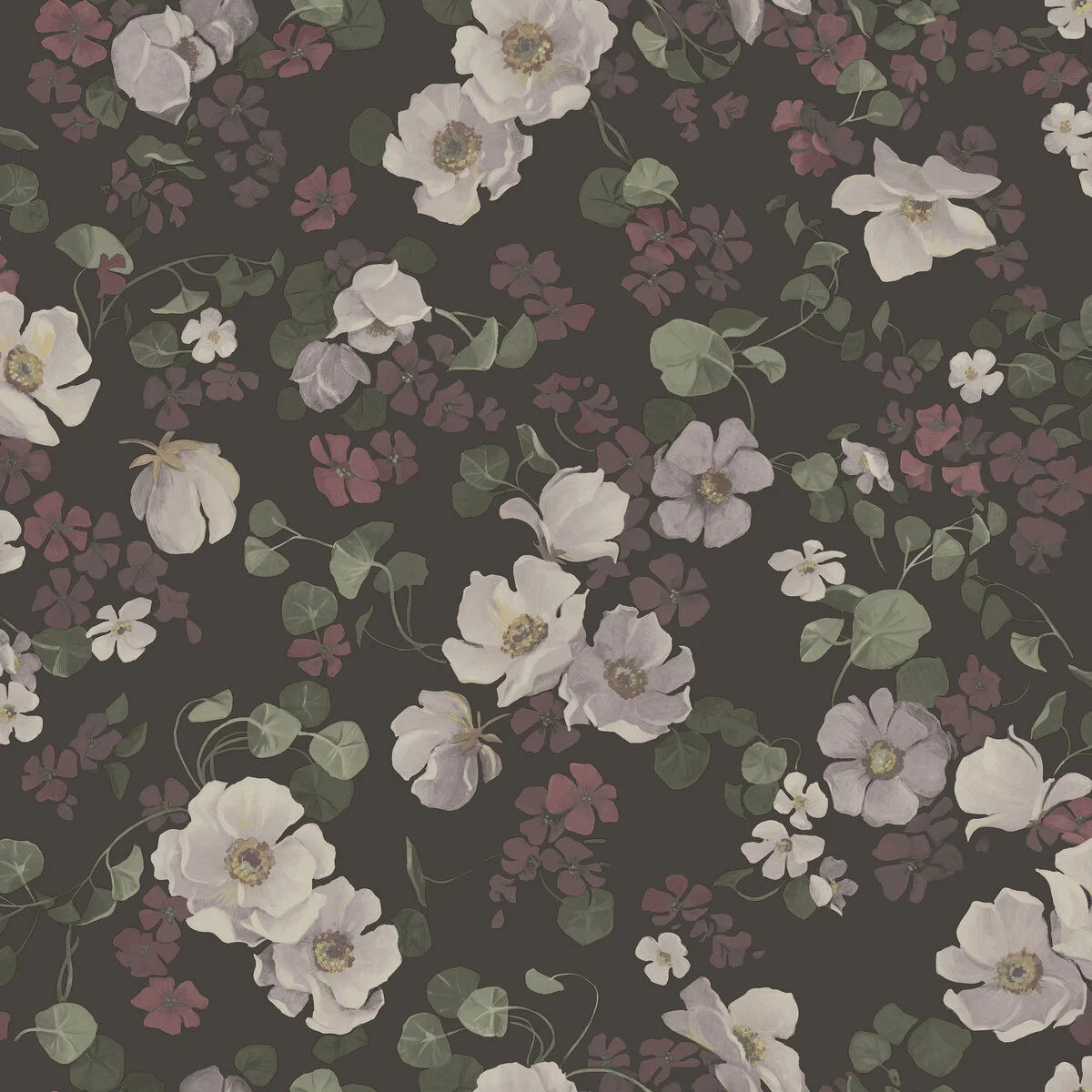 Tapeta flizelinowa papierowa z roślinnym wzorem ENCHANTING FLOWER zgaszony brązowy z białym – Boråstapeter