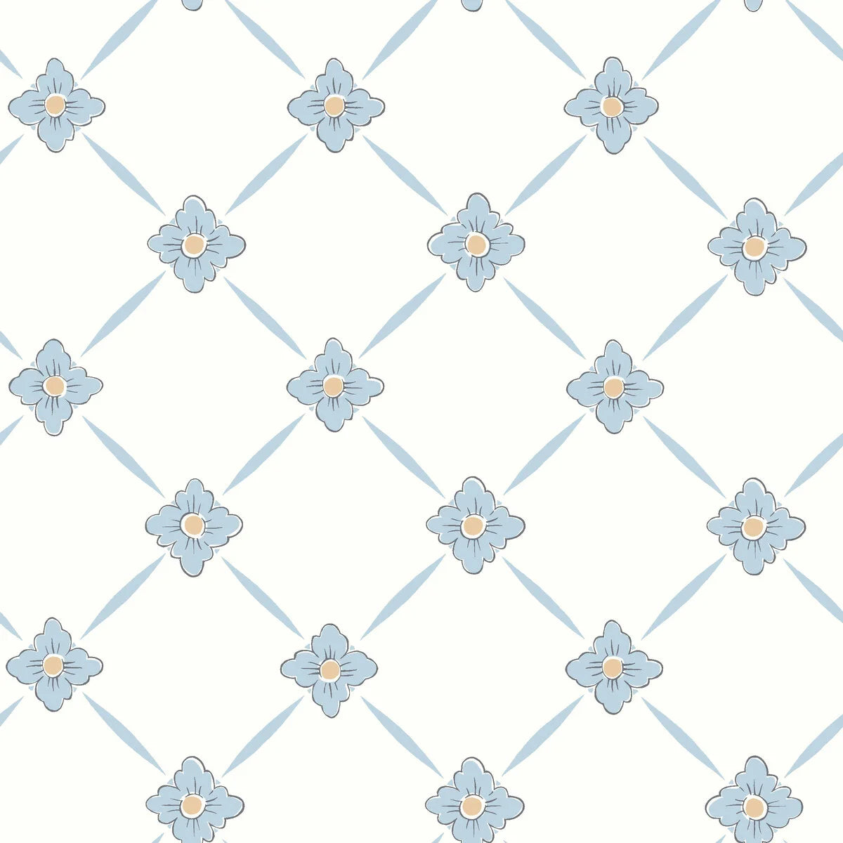Non-woven paper wallpaper with a botanical pattern LINNÉ warm white with blue