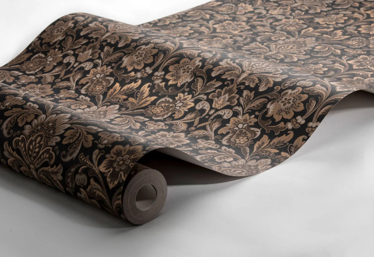 Papírová flizelinová tapeta s rostlinným vzorem FOGLAVIK hnědá s černou