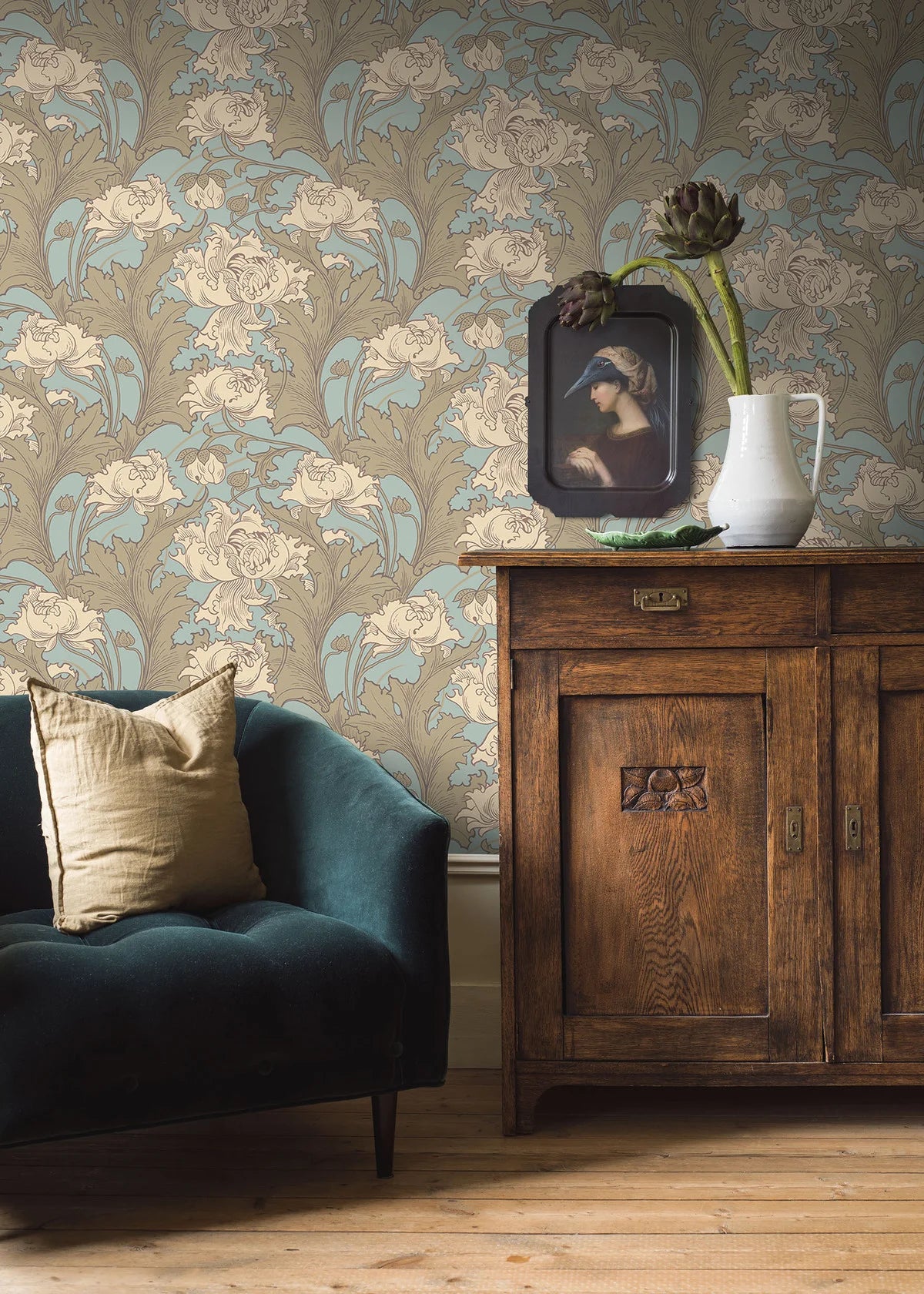 Non-woven paper wallpaper with a plant pattern SIRI cream with turquoise