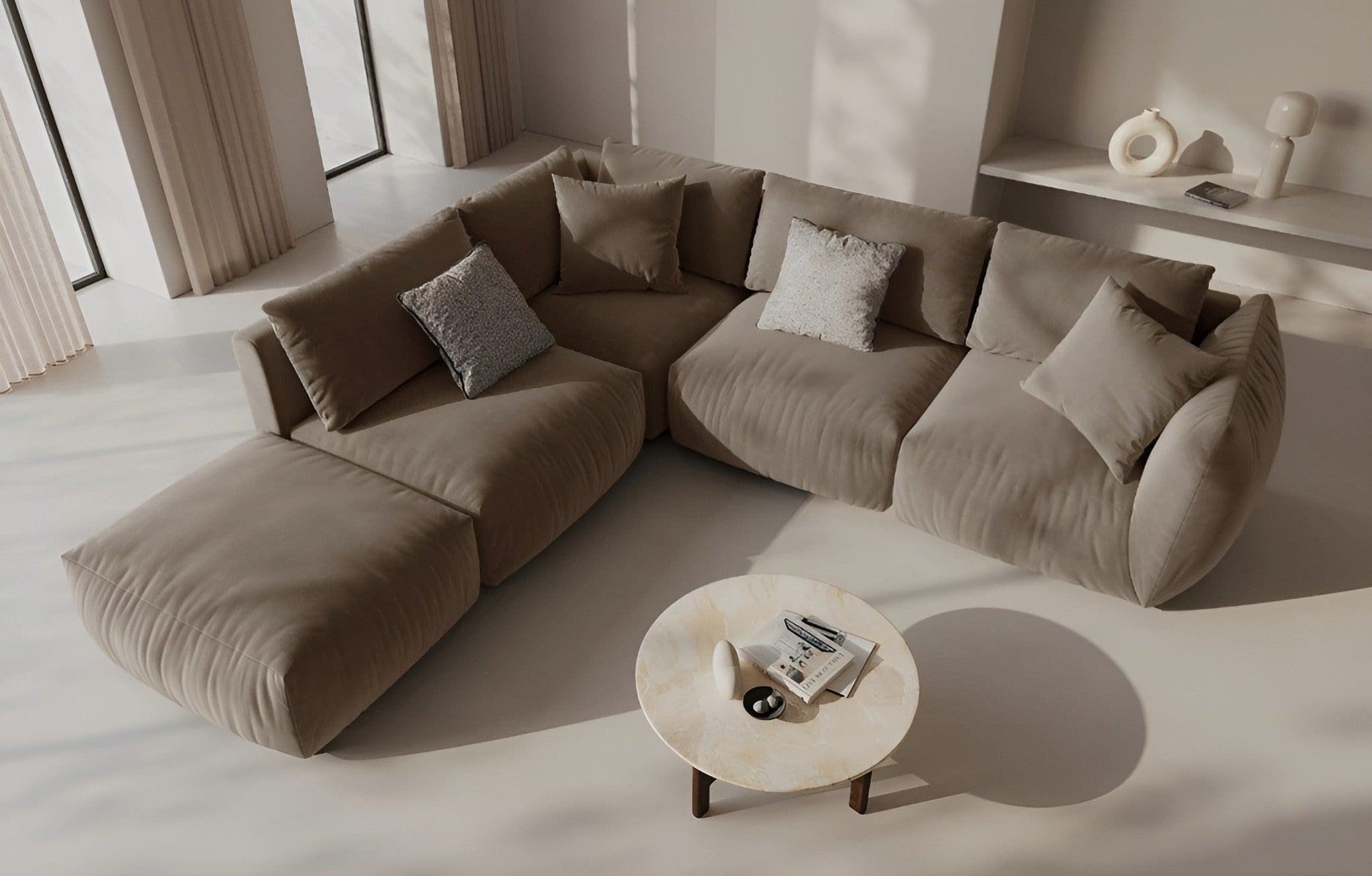 Sofabed modulární sametový CHRIS - pravý prvek světle hnědý