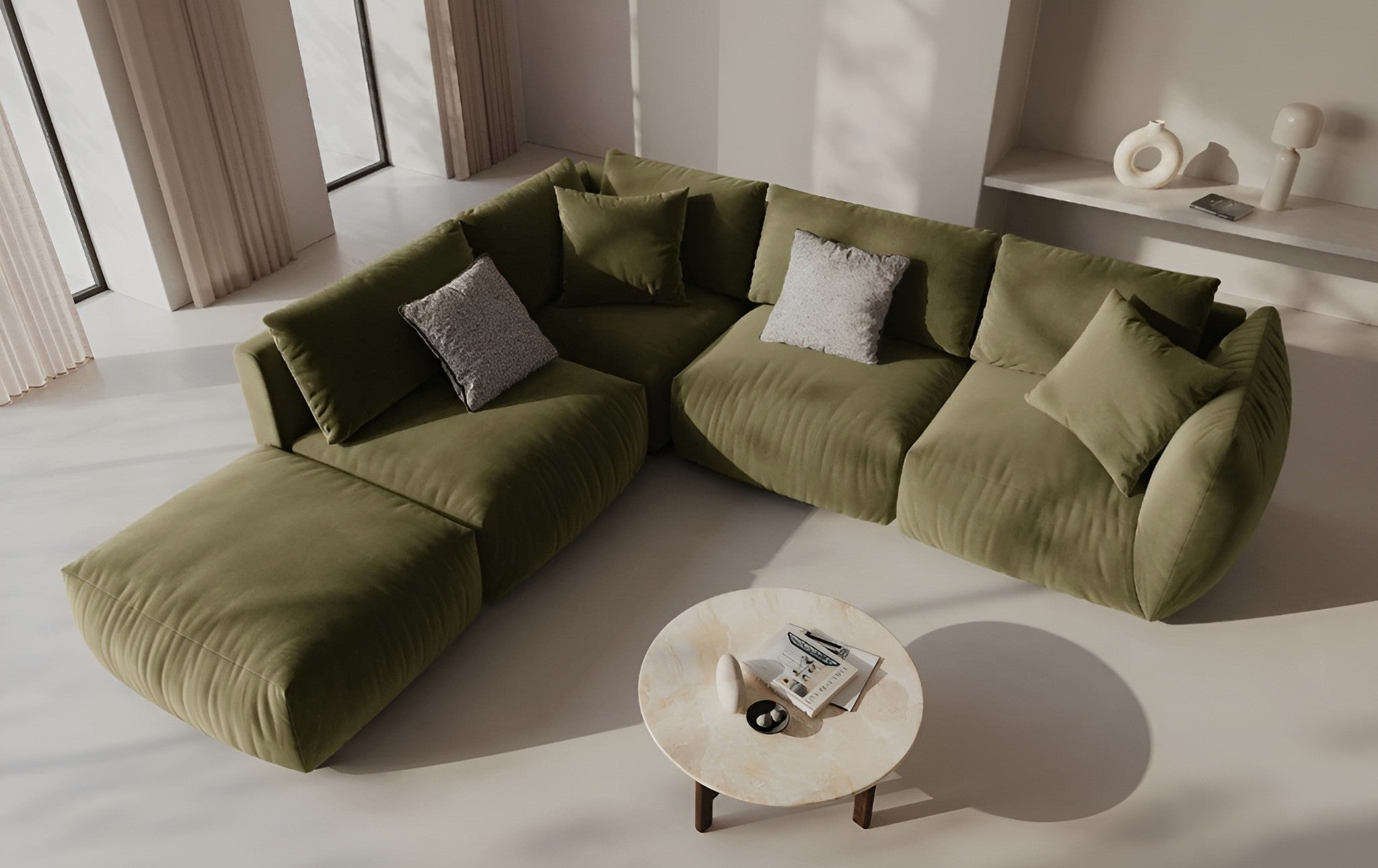 Velvet corner sofa for 4 people right-facing CHRIS light green