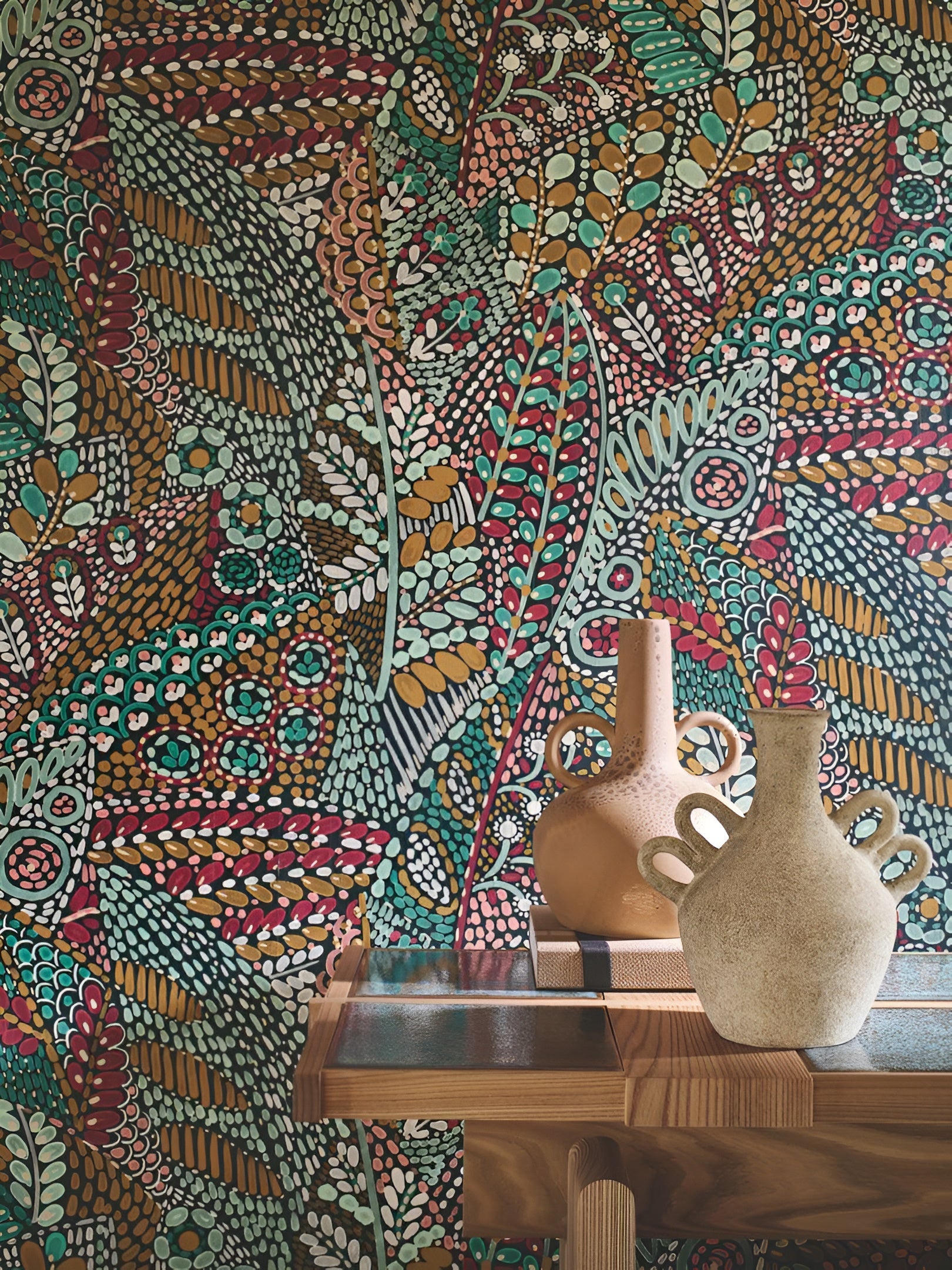 Tapeta s rostlinným motivem listů TALAVERA - CÉLADON/AMANDE mátově zelená s mandlemi