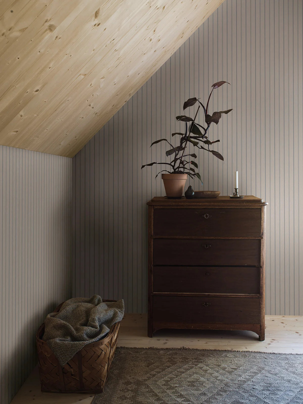 Tapeta s pruhy WOODLAND STRIPE tmavě béžová se šedou