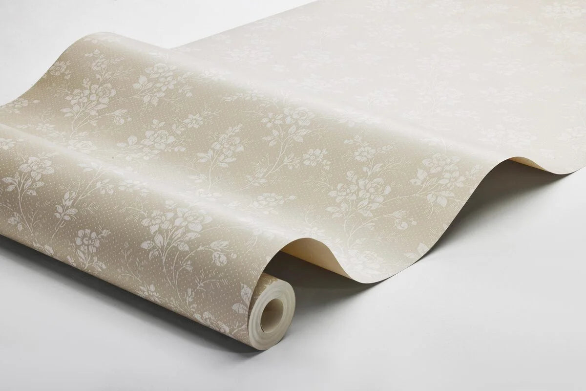 Beige HIP ROSE Floral Pattern Wallpaper with White