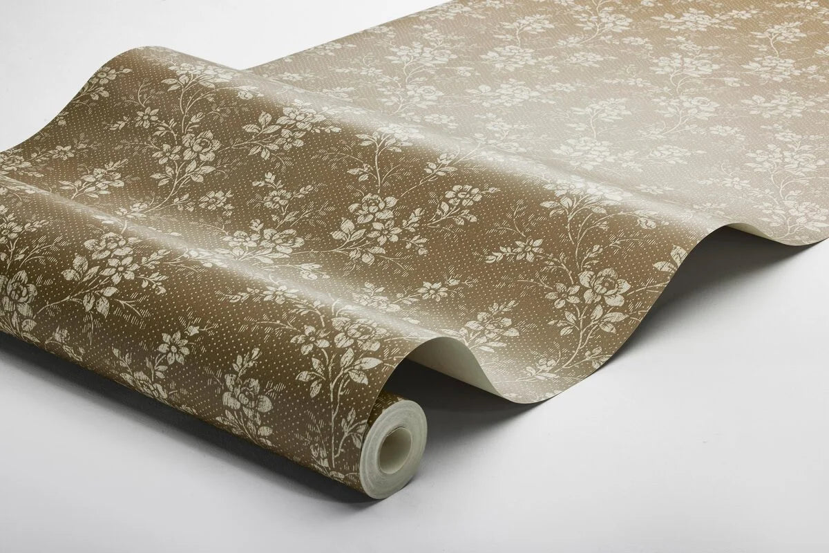 Tapeta s rostlinným vzorem květin HIP ROSE tmavě hnědá s béžovou