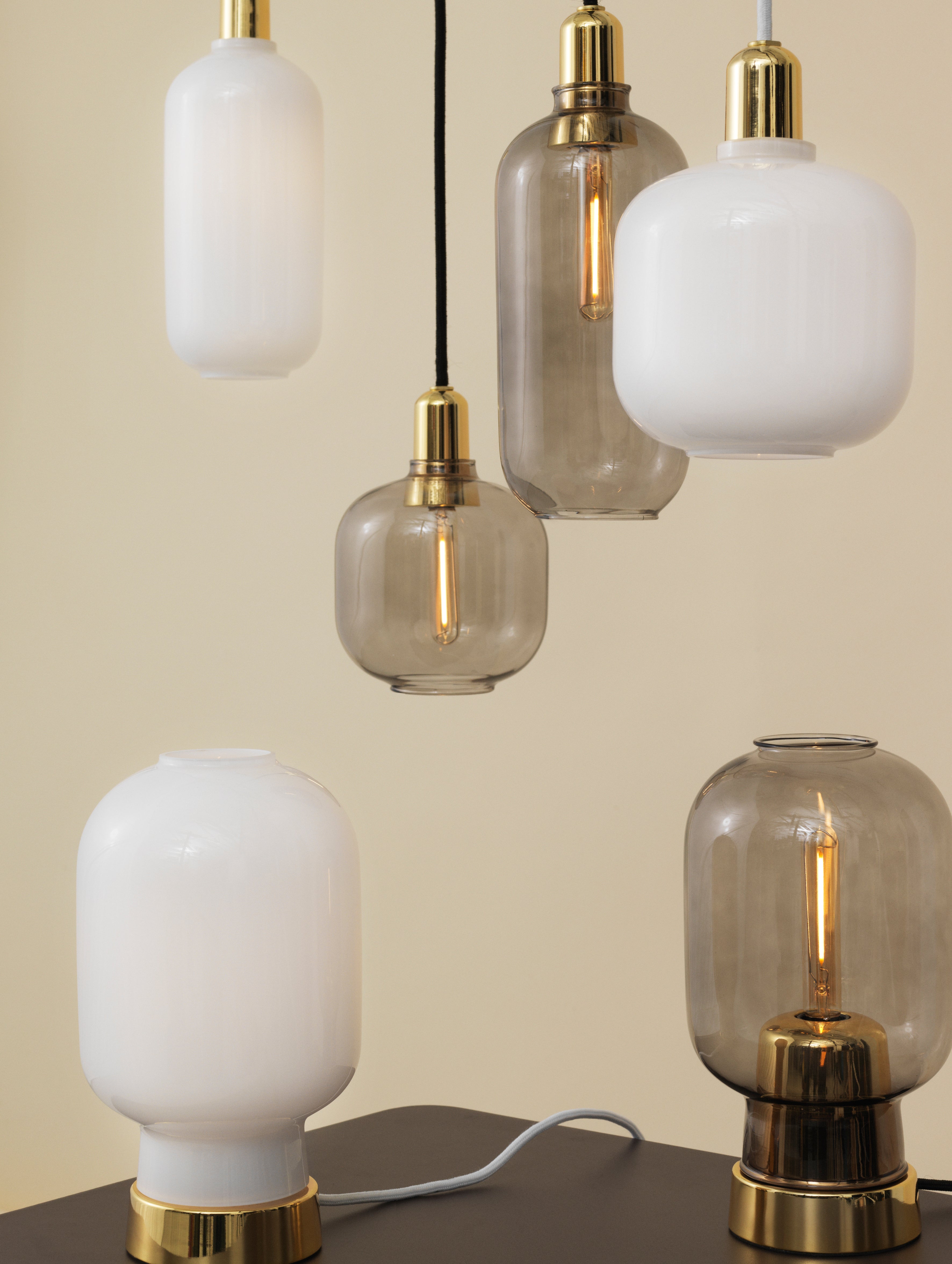 AMP pendant lamp with white glass and gold finish