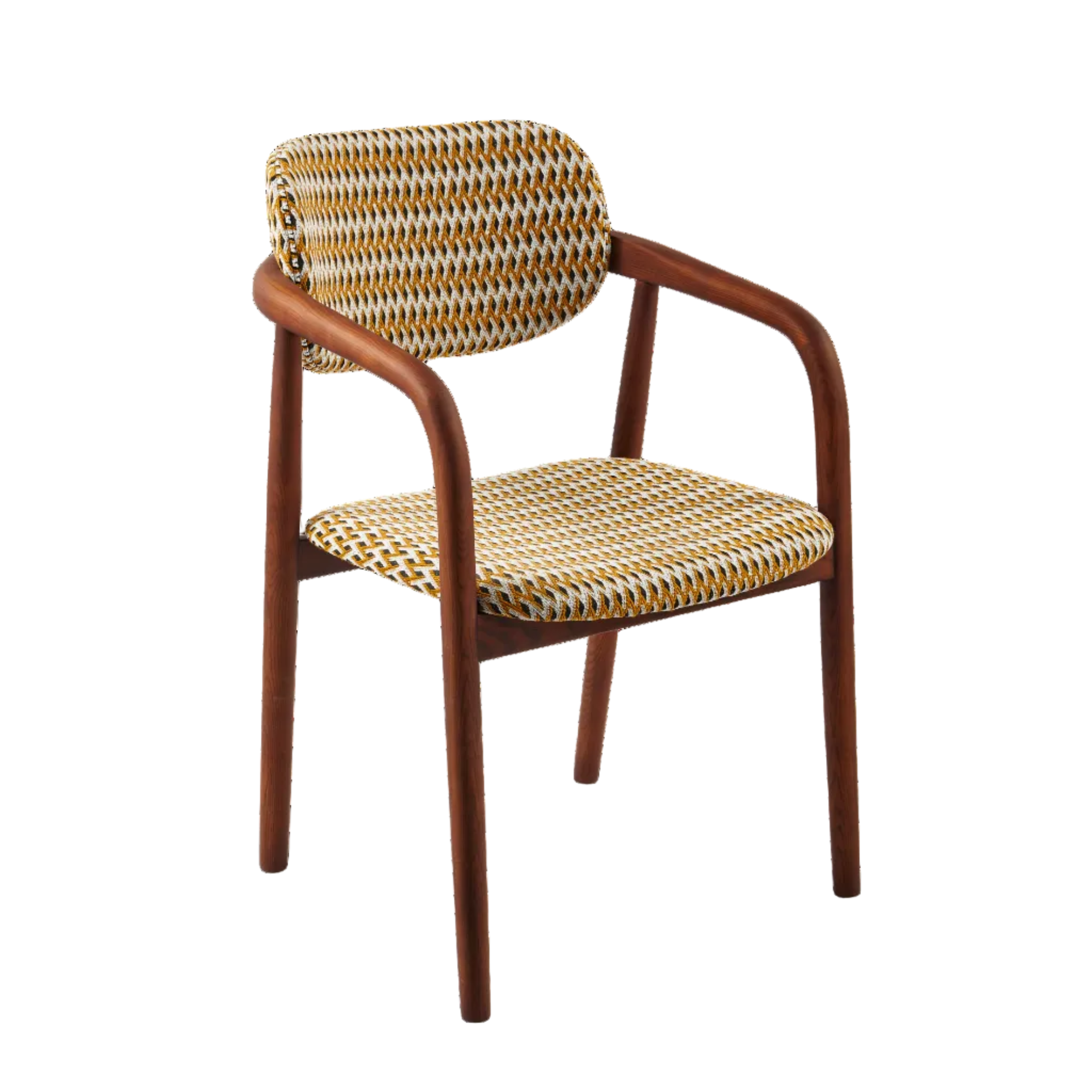 Křeslo s područkami HENRY orche v geometrickém vzoru se dřevěnou základnou