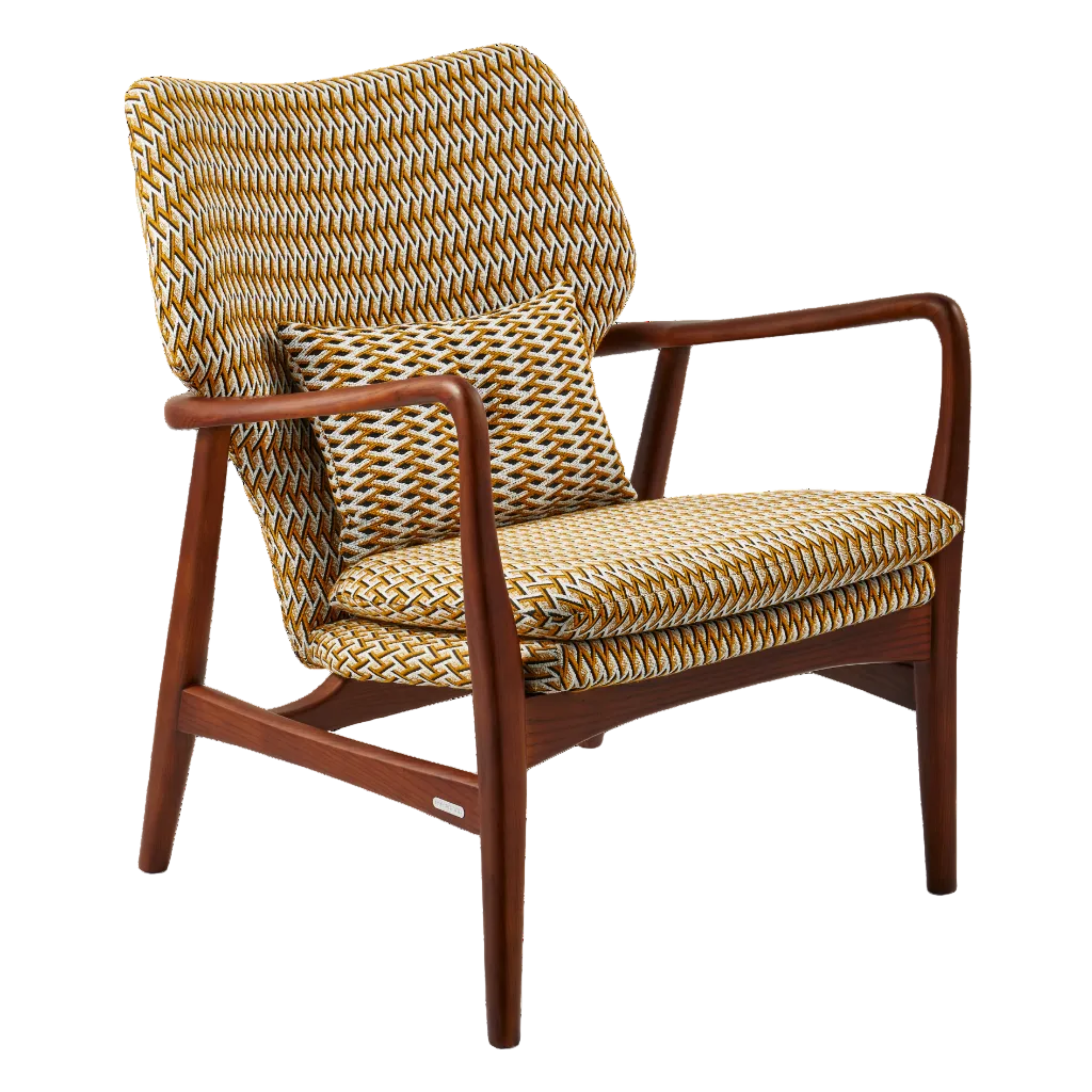 Křeslo PEGGY orche s geometrickými vzory a dřevěnou základnou