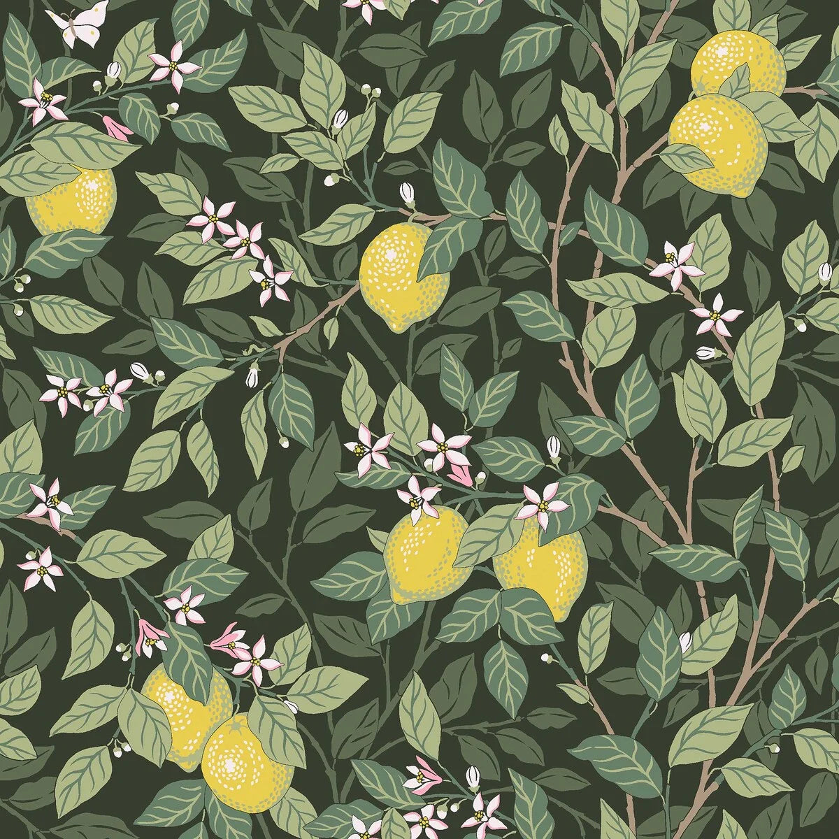 Non-woven paper wallpaper with a botanical pattern CITRONTRÄD green with yellow
