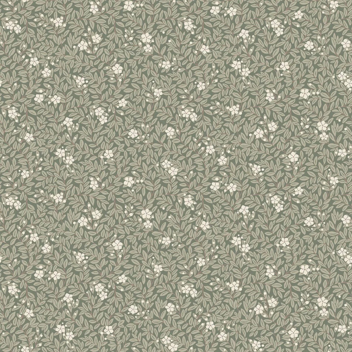 Wallpaper with a floral pattern of flowers and leaves MYRTEN green with white